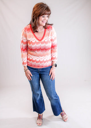 Liverpool 3/4 Sleeve V Neck Sweater Model View - Fashion Crossroads Inc