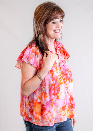 Liverpool Flutter Sleeve Woven Blouse with Ruffles Side View - Fashion Crossroads Inc