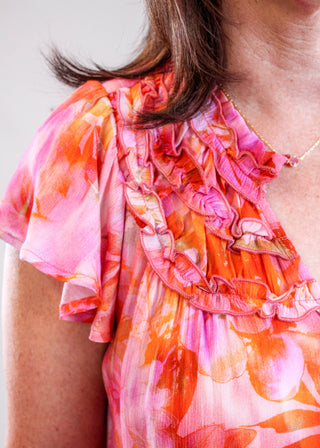 Liverpool Flutter Sleeve Woven Blouse with Ruffles Detail View - Fashion Crossroads Inc