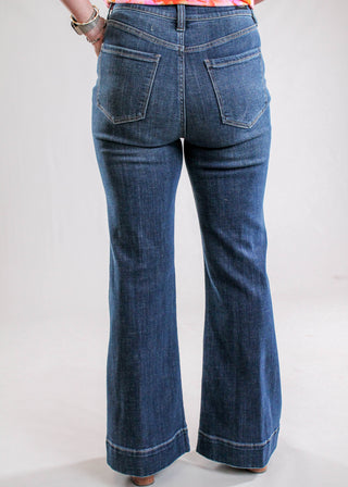 Liverpool Hannah High Rise Flare Jean with Mini Patch Pockets Back View - Fashion Crossroads Inc