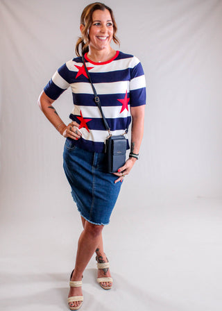 Charlie B Denim Skirt with Shorts for Work and Casual Style Model view - Fashion Crossroads Inc.