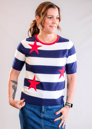 Staccato Patriotic Star Striped Sweater with Short Sleeves Front View - Fashion Crossroads Inc