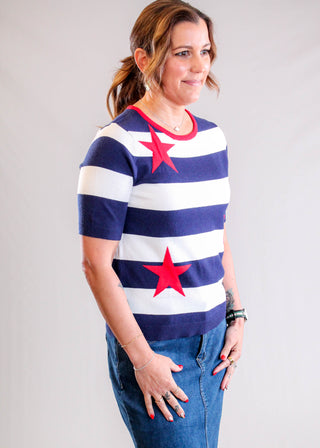 Staccato Patriotic Star Striped Sweater with Short Sleeves Side View - Fashion Crossroads Inc