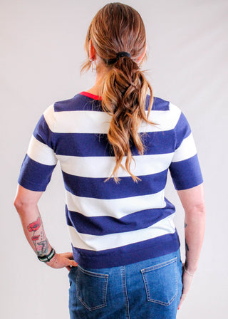 Staccato Patriotic Star Striped Sweater with Short Sleeves Back View - Fashion Crossroads Inc