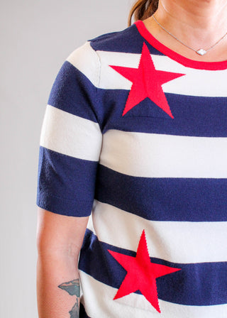 Staccato Patriotic Star Striped Sweater with Short Sleeves Front View - Fashion Crossroads Inc