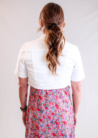 Charlie B Cropped Short Sleeve Stretch Denim Jacket Front View - Fashion Crossroads Inc