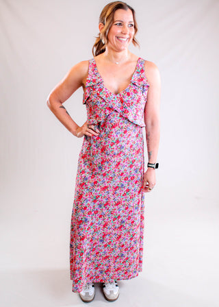 Liverpool Sleeveless Ruffle Front Maxi Dress Front View - Fashion Crossroads Inc