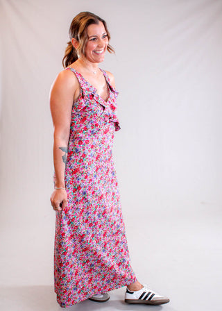 Liverpool Sleeveless Ruffle Front Maxi Dress Side View - Fashion Crossroads Inc