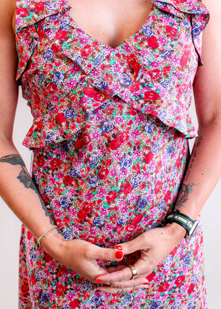 Liverpool Sleeveless Ruffle Front Maxi Dress Detail View - Fashion Crossroads Inc