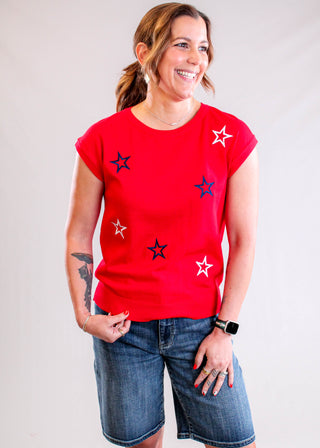 Staccato Patriotic Star Spangled Sweater with Short Sleeves