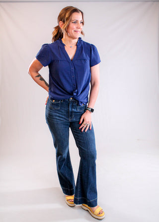 Staccato Frilled Neck Button Down Shirt with Short Sleeves Model View - Fashion Crossroads Inc