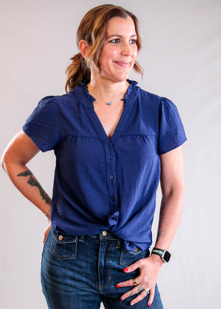Staccato Frilled Neck Button Down Shirt with Short Sleeves Front View - Fashion Crossroads Inc