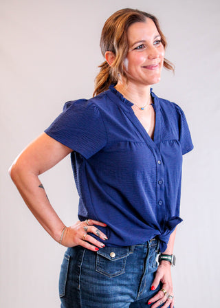 Staccato Frilled Neck Button Down Shirt with Short Sleeves Side View - Fashion Crossroads Inc