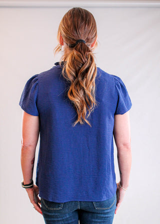 Staccato Frilled Neck Button Down Shirt with Short Sleeves Back View - Fashion Crossroads Inc