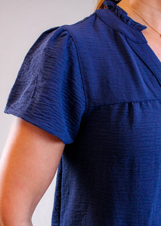 Staccato Frilled Neck Button Down Shirt with Short Sleeves Detail View - Fashion Crossroads Inc