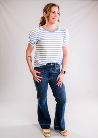 Staccato Striped Crew Neck Tee with Ruched Short Sleeves Model View - Fashion Crossroads Inc