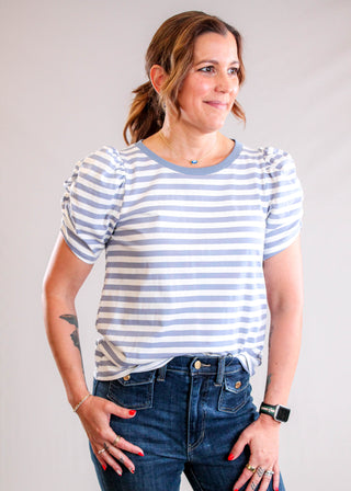 Staccato Striped Crew Neck Tee with Ruched Short Sleeves Front View - Fashion Crossroads Inc