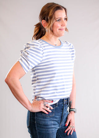 Staccato Striped Crew Neck Tee with Ruched Short Sleeves Side View - Fashion Crossroads Inc