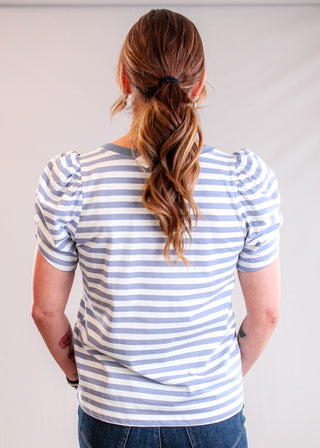 Staccato Striped Crew Neck Tee with Ruched Short Sleeves Back View - Fashion Crossroads Inc