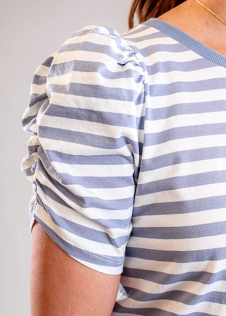 Staccato Striped Crew Neck Tee with Ruched Short Sleeves Detail View - Fashion Crossroads Inc