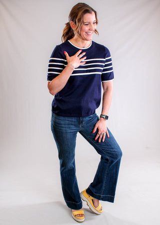 Liverpool Striped Crew Neck Sweater with Short Sleeves Model View - Fashion Crossroads Inc