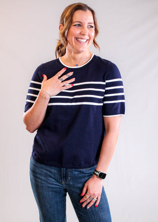 Liverpool Striped Crew Neck Sweater with Short Sleeves Front View - Fashion Crossroads Inc