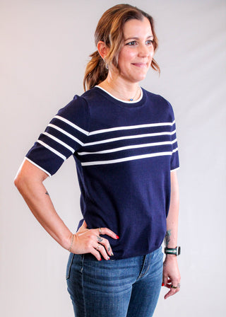 Liverpool Striped Crew Neck Sweater with Short Sleeves Side View - Fashion Crossroads Inc