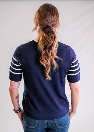 Liverpool Striped Crew Neck Sweater with Short Sleeves Back View - Fashion Crossroads Inc