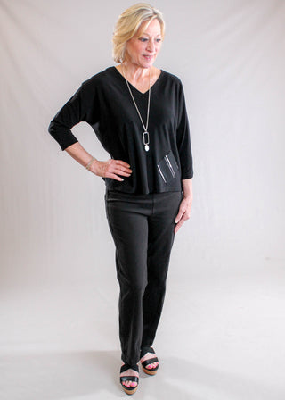 Sympli Revel Black Top with Cecily Print Pocket modeled view - Fashion Crossroads Inc.