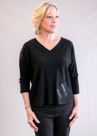 Sympli Revel Black Top with Cecily Print Pocket front view - Fashion Crossroads Inc.