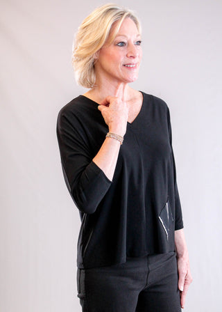 Sympli Revel Black Top with Cecily Print Pocket side view - Fashion Crossroads Inc.