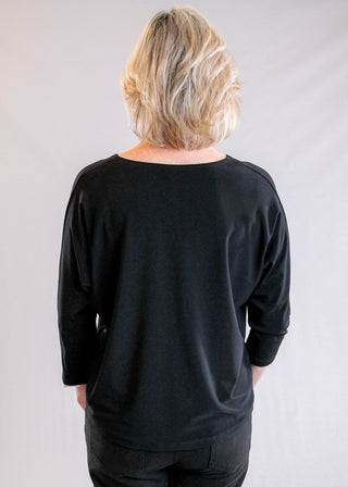 Sympli Revel Black Top with Cecily Print Pocket back view - Fashion Crossroads Inc.