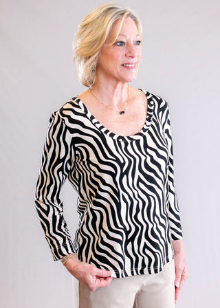 Tribal Sportswear 3/4 Sleeve Scoop Neck Top with Button Detail side view - Fashion Crossroads Inc