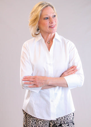 Foxcroft Paityn White Wrinkle-Free Button Down Blouse un-tucked view - Fashion Crossroads Inc.
