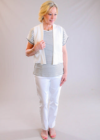 Sympli Pop Crop Core White Vest styled view - Fashion Crossroads Inc.