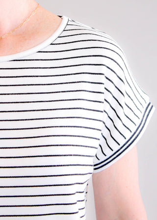 Staccato Varsity Ivory & Black Stripe Cap Sleeve Top detail view - Fashion Crossroads Inc.