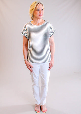 Staccato Varsity Ivory & Black Stripe Cap Sleeve Top styled view - Fashion Crossroads Inc.