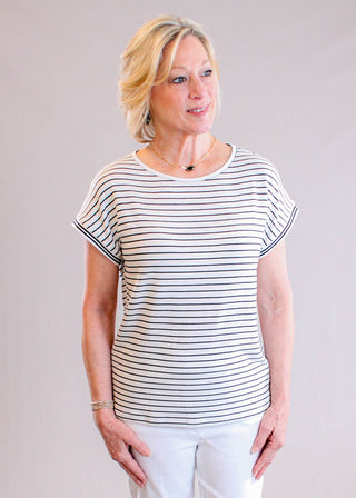 Staccato Varsity Ivory & Black Stripe Cap Sleeve Top front view - Fashion Crossroads Inc.