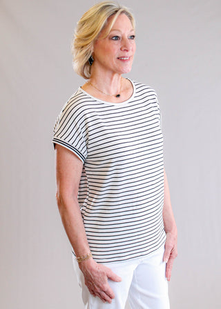 Staccato Varsity Ivory & Black Stripe Cap Sleeve Top side view - Fashion Crossroads Inc.