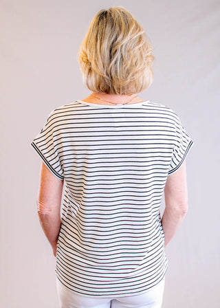 Staccato Varsity Ivory & Black Stripe Cap Sleeve Top back view - Fashion Crossroads Inc.