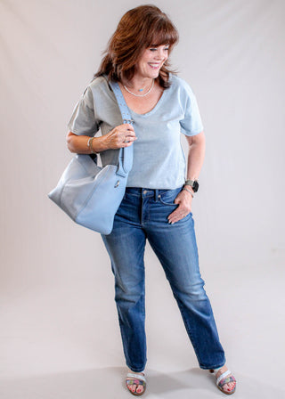J.O.A. Raw Edge V Neck Tee with Short Sleeves in Slate styled view - Fashion Crossroads Inc.