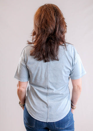 J.O.A. Raw Edge V Neck Tee with Short Sleeves in Slate back view - Fashion Crossroads Inc.