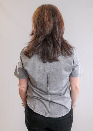 J.O.A. Raw Edge V Neck Tee with Short Sleeves in Grey back view - Fashion Crossroads Inc.