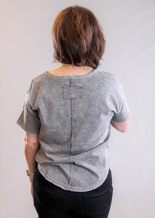 J.O.A. Raw Edge V Neck Tee with Short Sleeves in Grey detail view - Fashion Crossroads Inc.