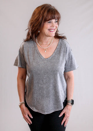 J.O.A. Raw Edge V Neck Tee with Short Sleeves in Grey front view - Fashion Crossroads Inc.