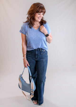 Staccato Short Sleeve Slub Tee with V Neck styled view - Fashion Crossroads Inc.