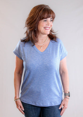 Staccato Short Sleeve Slub Tee with V Neck untucked view - Fashion Crossroads Inc.