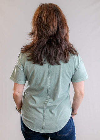 J.O.A. Raw Edge V Neck Tee with Short Sleeves in Olive back view - Fashion Crossroads Inc.