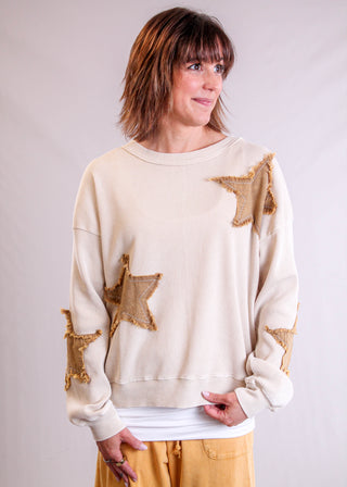 Easel Long Sleeve Sweatshirt with Star Patches Front View - Fashion Crossroads, Inc