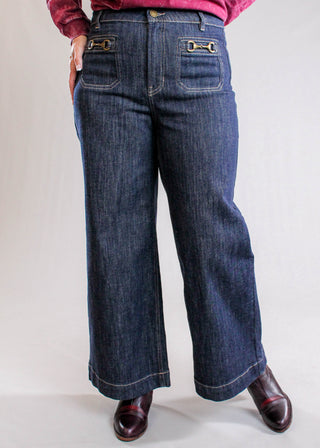 Charlie B Cropped Patch Pocket Wide Leg Jeans with Horsebit Detail